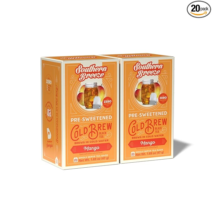 Southern Breeze Cold Brew Sweet Tea Mango Iced Tea with Black Tea and Zero Carbs Zero Sugar, 20 Individually Wrapped Tea Bags (Pack of 2) Southern Sweet Tea Iced Tea Beverage