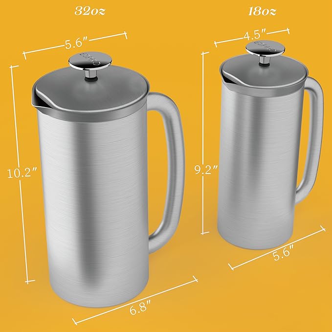 ESPRO P7 Brushed Stainless Steel French Press 304 – Patented Double Walled Micro-Filter Insulated French Press Coffee Maker, Grit-Free Brew - Heat Resistant BPA Free (18oz)