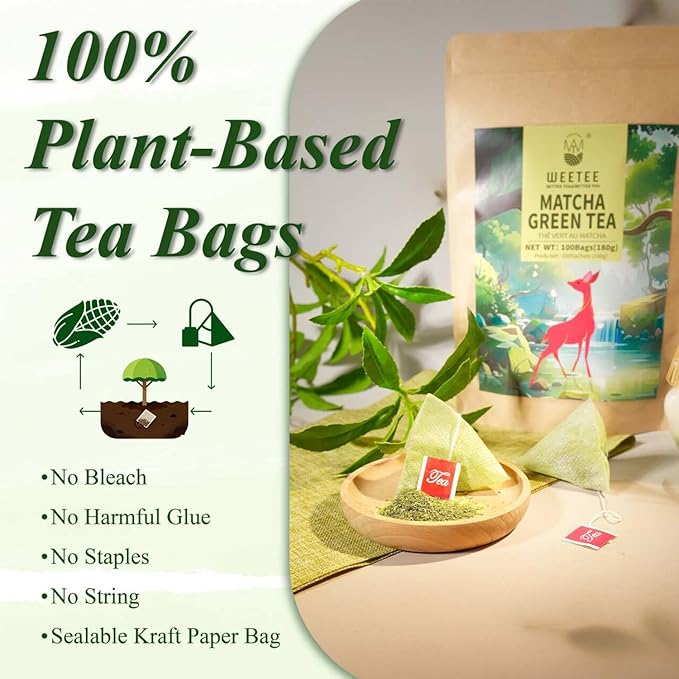 WT WEETEE Matcha Green Tea Bags, 100 Count Corn-fiber Pyramid, Antioxidant-Rich | Natural Energy, Easy & Quick to Brew for Cold or Hot, Matcha + Sencha Green Tea