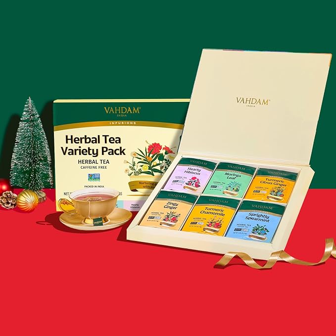 VAHDAM, Assorted Herbal Tea Variety Pack (6 Variants, 36 Tea Bags) Caffeine Free, Gluten Free, Non GMO | Eco Friendly Tea Bags I Christmas Tea Gift Set