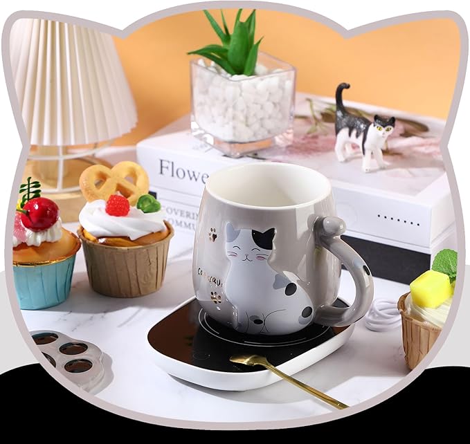 Honeydak Coffee Mug Warmer Cute Cat Mug Set Cup Warmer for Desk for Women Heated Coffee Warmer for Mom Home Office Christmas Birthday Gifts(Gray)