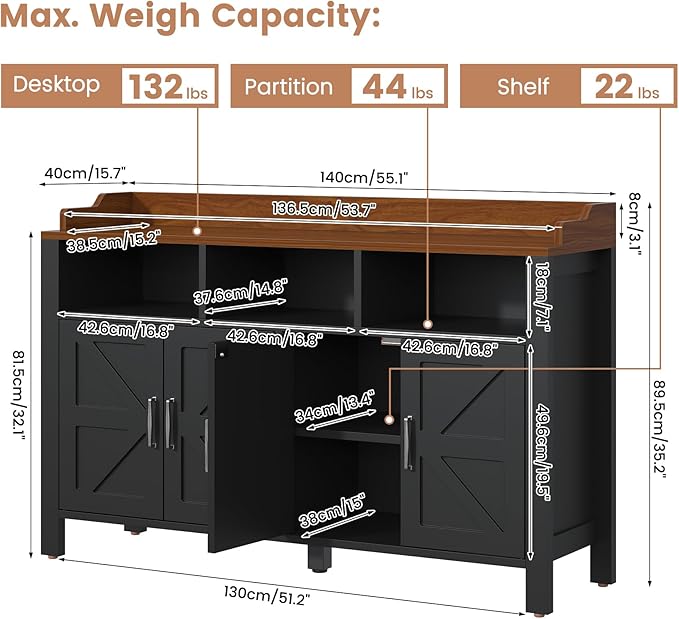 Buffet Cabinet with Storage Farmhouse with 4 Doors and 3 Open Compartments, 55'' Large Kitchen Storage Cabinet Black Wood Coffee Bar Buffet Sideboard for Kitchen, Dining Room, Living Room