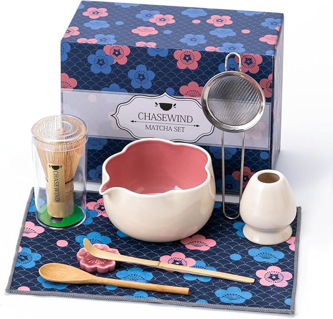 Matcha Set, 8Pcs Floral Ceramic Matcha Set with Matcha Whisk, Holder, Scoop, Scoop Rest, Sifter, Spoon and Tea Towel - Thoughtful Matcha Whisk Set Gift for Matcha Lovers (Beige & Pink)