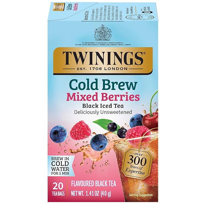 Twinings Mixed Berries Cold Brew Iced Tea Bags, 20 Count (Pack of 1), Unsweetened Flavoured Black Tea, Caffeinated, 20 Teabags