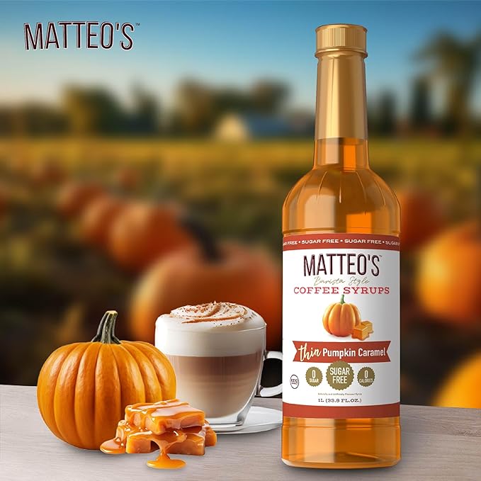 Matteo's Pumpkin Caramel Syrup for Coffee, Lattes, Cappuccinos & Desserts – Sugar-Free Sweetener for Beverages, Keto Friendly, Zero Calories, Indulgent Flavor, Non-Alcoholic, 33.8oz (6pk)