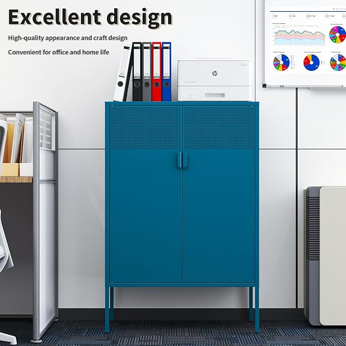 Blue Metal Storage Cabinet with 2 Doors - 47''H Locker Cabinet, 3 Tier Locker with Adjustable Shelves,Office Storage Locker for Office, Home, Living Room, Kitchen