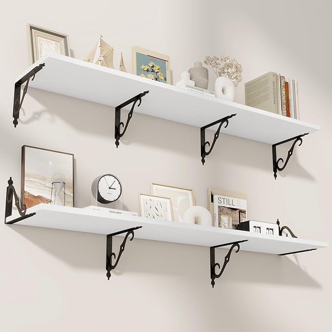 RICHFOCUS 12 Inch Deep Floating Shelves for Wall, 55" W x 12" D Wood Wall Shelves Set of 2, Wide Floating Shelves for Living Room, Bedroom, Kitchen, Bathroom and Decor Storage, White