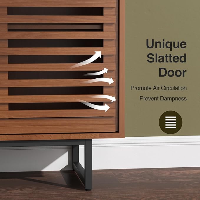 Vabches Mid Century Modern Sideboard Buffet Cabinet with LED Lights, Unique Slatted & Tempered Glass Doors, 58.3" Credenza Storage Cabinet for Kitchen, Dining, Living Room, Entryway, Walnut