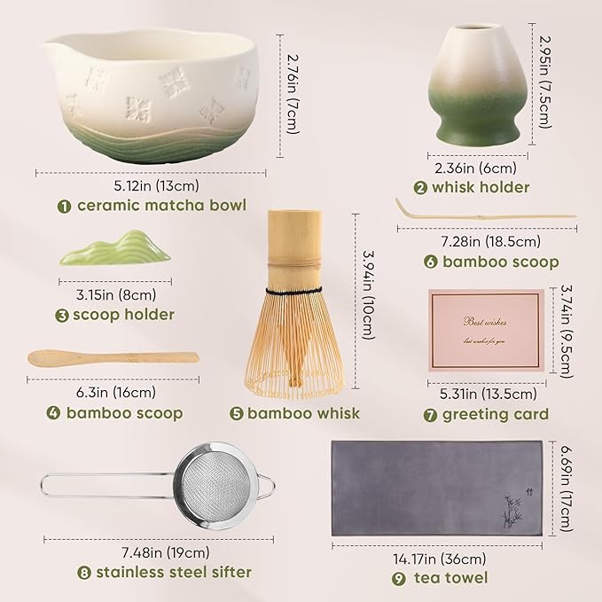 Matcha Whisk Set - Traditional Bamboo Chasen with Bowl, Complete Matcha Tea Making Kit & Starter Tools for Authentic Japanese Ceremony (Mottled Green02, 8pcs/set,Bowl entry-level Set)
