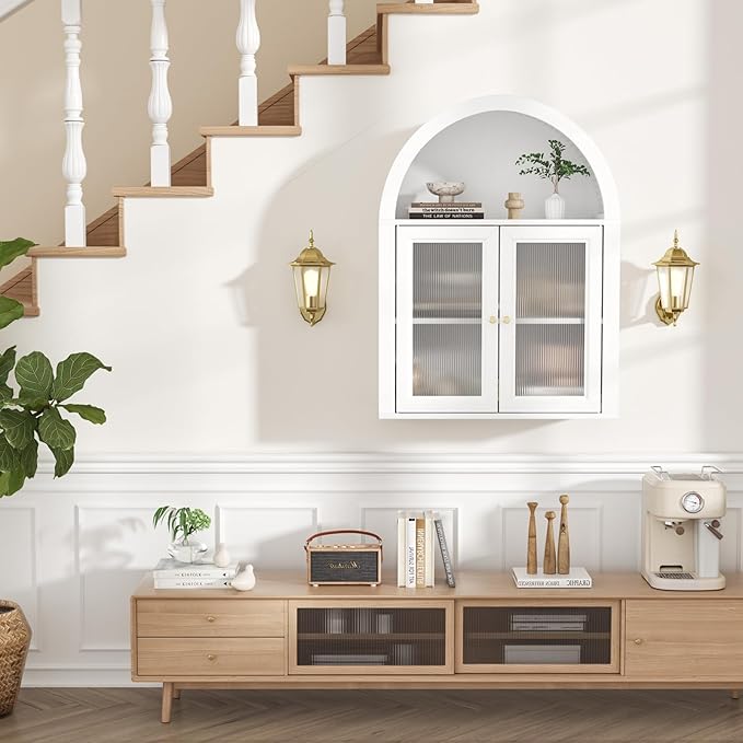 Arched Bathroom Cabinet, Wall Mounted Bathroom Cabinet with Acrylic Doors and Adjustable Shelf, for Kitchen, Living Room, Laundry Room, Restroom, White