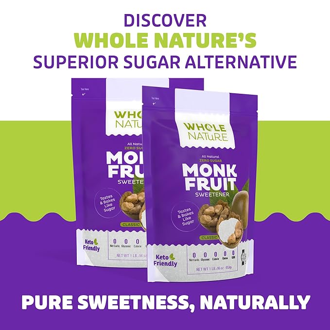 Whole Nature Monk Fruit Sweetener 1:1 Baking Sugar Substitute Made in the USA – Granulated Blend With Erythritol – Zero Calorie – Keto – Paleo – Non-GMO – Kosher - Natural Alternative – 1lb Pouch