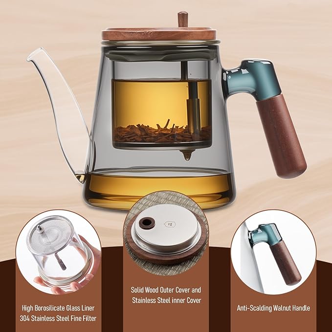 PARACITY Enchanti Tea Pot,650ml/22oz Glass Teapot with Removable Infuser,One Button Press to Filter the Tea Soup,Tea Water Separation Design, Borosilicate Glass Tea Infuser for Loose Leaf Oriental Tea
