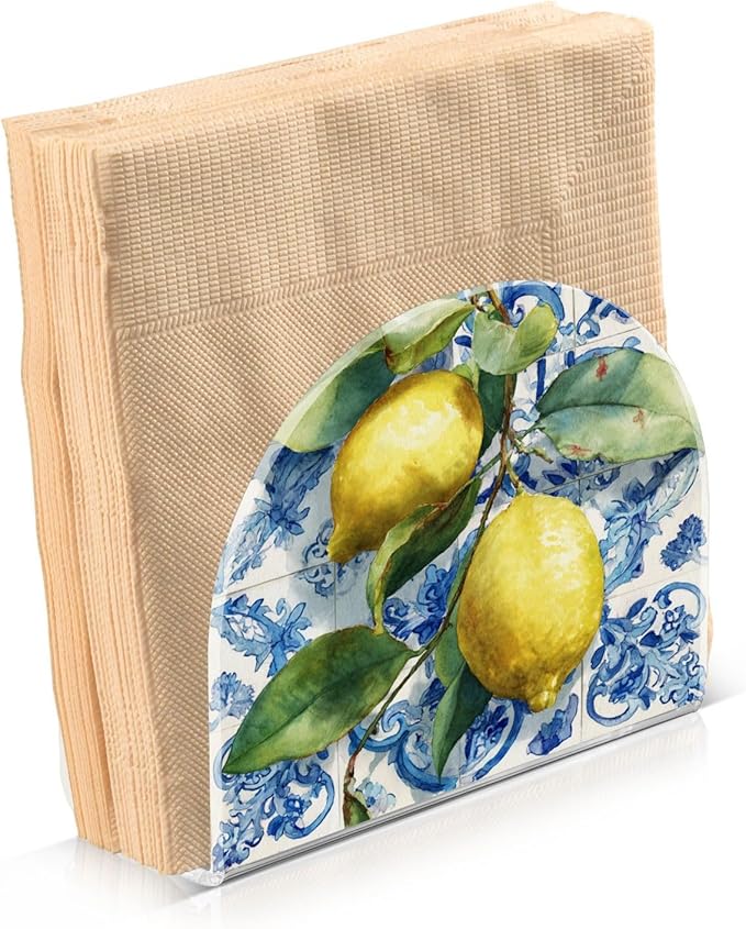 Lemon Blue Tiles Napkin Holder for Table Paper Cocktail Napkin Holders for Kitchen Dinning Acrylic Dinner Napkin Dispenser for Dinner Home Decor Bar 2 Pack