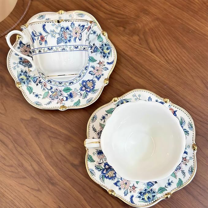 Floral Ceramic Cup Bone China Tea Cup and Saucer Set 6.8 Oz Gold Trim Vintage Style Porcelain Coffee Cup for Home Kitchen Office, Style 1