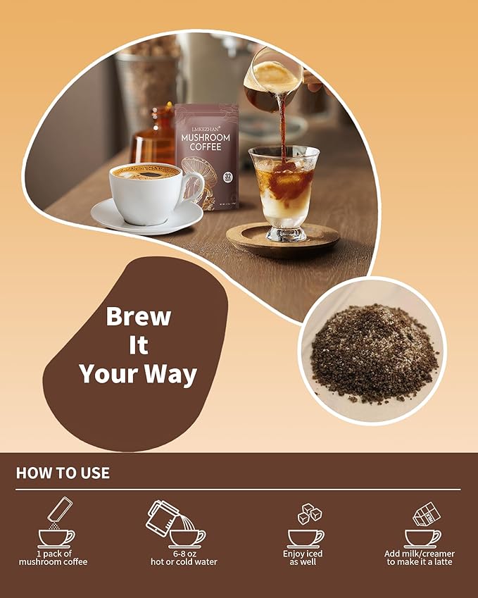 Mushroom Coffee, Organic Instant Coffee with 6 Adaptogenic Mushrooms (Lion's Mane, Reishi, Cordyceps & More), Boost Energy, Focus & Immune Support, Low Caffeine, Portable 32 Sticks