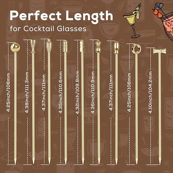 Metal Cocktail Martini Picks Gold, 4.1 in Olive Skewers Stainless Steel, Martini Garnish Sticks Reusable, Metal Toothpicks for Drinks, Appetizers, Cheese, Bar Accessories Supplies Gift - 9 Pcs