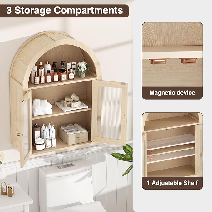 Arched Bathroom Cabinet, Wall Mounted Bathroom Cabinet with Tempered Glass Doors and Adjustable Shelf, for Kitchen, Living Room, Laundry Room, Restroom, Oak