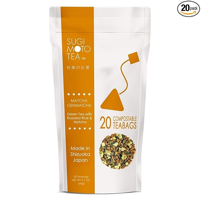 SUGIMOTO TEA Japanese Matcha Genmaicha Green Tea Bags 20 Count Pack of 1