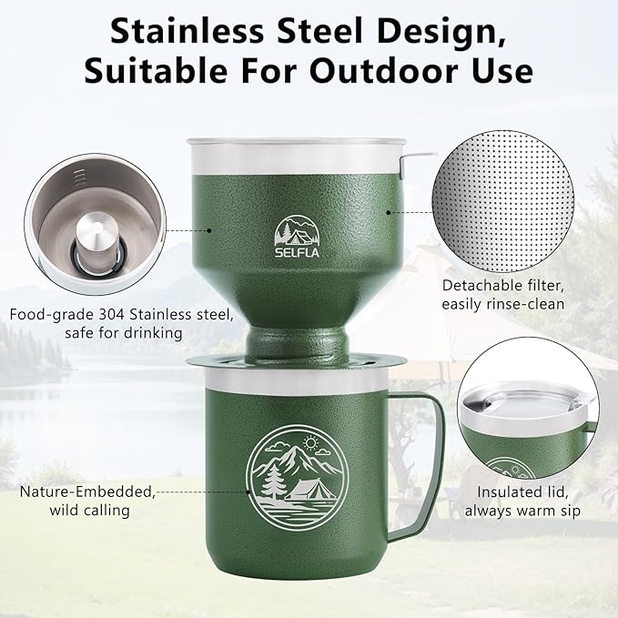 Stainless Steel Pour Over Coffee Maker Set, Outdoor Coffee Dripper, Reusable Coffee Filter&Insulated Camping Mug (16oz), for Hiking, Camping&Outdoor Adventures, Rinse-clean&Portable -Green