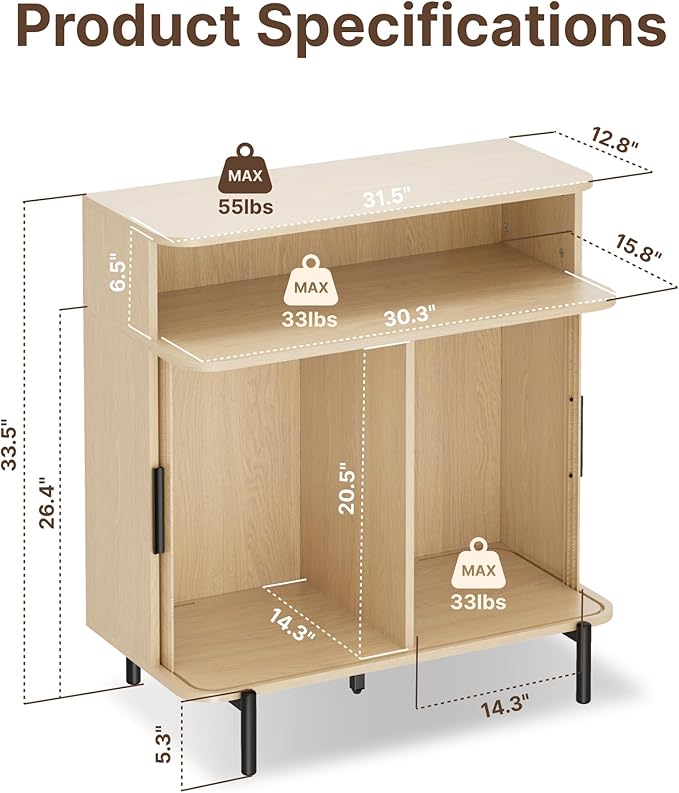 SUNCOZE Fluted Storage Cabinet with Sliding Tambour Doors, Sideboard Buffet Cabinet with Storage, Modern Accent Coffee Bar for Kitchen, Entryway, Living & Dining Room (Wood)
