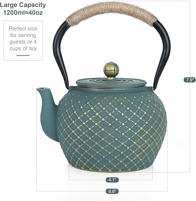 Ufine Japanese Style Cast Iron Teapot for Stove Top with Stainless Steel Infuser Loose Leaf Tetsubin Grid Design Blue Tea Kettle 40oz/1200ml