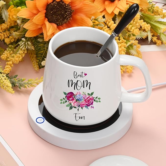 Coffee Mug Warmer, Best Mom Ever Mug, Coffee Cup Warmer for Desk, Gifts for Women, White Heated Coffee Warmer for Mom Home Office Christmas Birthday Gifts