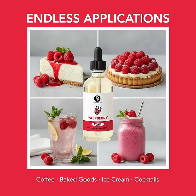 Dolce Flav Natural Raspberry Extract 2 oz – Kosher, Sugar-Free, Concentrated Tart Raspberry Flavoring for Baking, Beverages & Desserts, Includes Measured Dropper