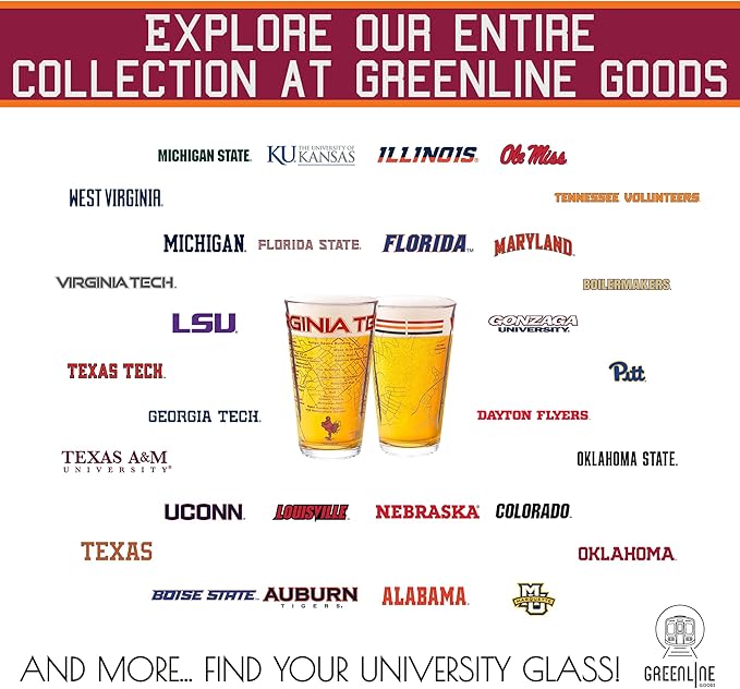 Greenline Goods – Virginia Tech University Hokies College Pint Beer Glasses (Set of 2), 16 oz – Full-Color Logo + Campus Map