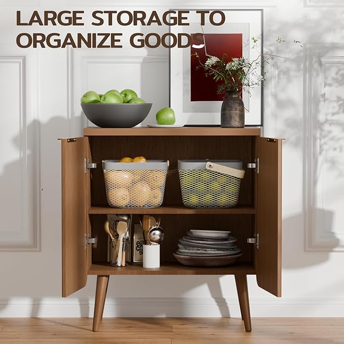 23.6" Wood Fluted Sideboard with 2 Doors, Modern Small Buffet Cabinet with Shelves, Multi-Space Storage Credenza Kitchen for Entryway, Dining & Living Room, Walnut