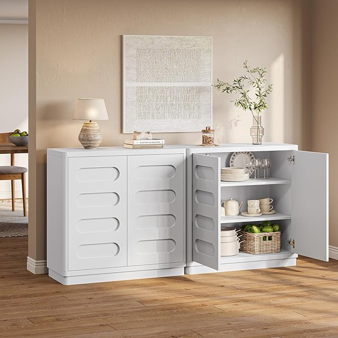 Buffet Cabinet with Storage, Arc Accent Sideboard with 2 Doors and Adjustable Shelves, Large Console Table for Dining Room, Kitchen, Living Room, White