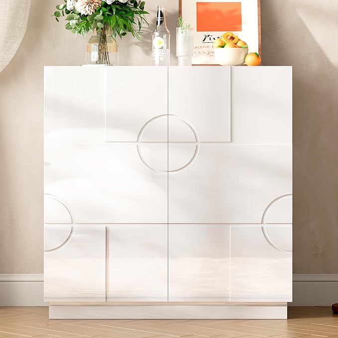 LVSOMT Sideboard Buffet Cabinet with Storage, Modern Accent Credenza with Doors and Adjustable Shelve, 33" Wood Coffee Bar Cabinet for Kitchen, Entryway, Dining Room, High Gloss White