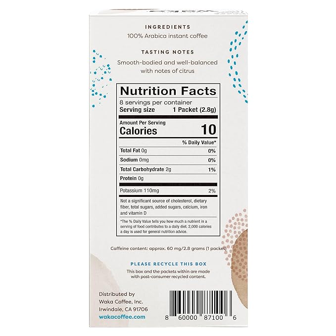 Waka Premium Instant Coffee Sachets — 100% Arabica Freeze Dried Beans — For Hot or Iced Coffee (8 Count, Medium Roast)