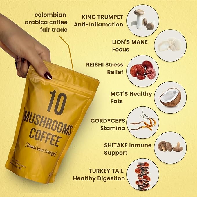 SAYUU 10 Mushroom Coffee Blend - Premium Colombian Coffee with Lion's Mane, Reishi, Cordyceps, Chaga, Maitake, Shiitake & Turkey Tail - Energy, Focus & Immune Support - Organic 40 Servings