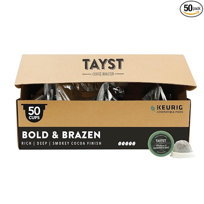 Tayst Coffee Pods, Bold & Brazen Dark Roast, K Cups Compatible with Keurig Coffee Maker, Sustainable Single Serve, Pack of 50