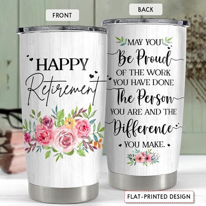 SANDJEST Happy Retirement Tumbler Stainless Steel Insulated Tumbler 20oz Retirement Gift for Women Retired Gifts Farewell Drinking Cups For Female Coworker Boss Colleague Friends