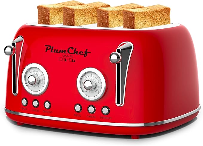 4 Slice Retro Style Toaster, Dual Control Toaster with Warming Rack, 6 Browning Settings, Bagel/Defrost Functions, Removable Crumb Tray, Stainless Steel Housing 1650W, Red
