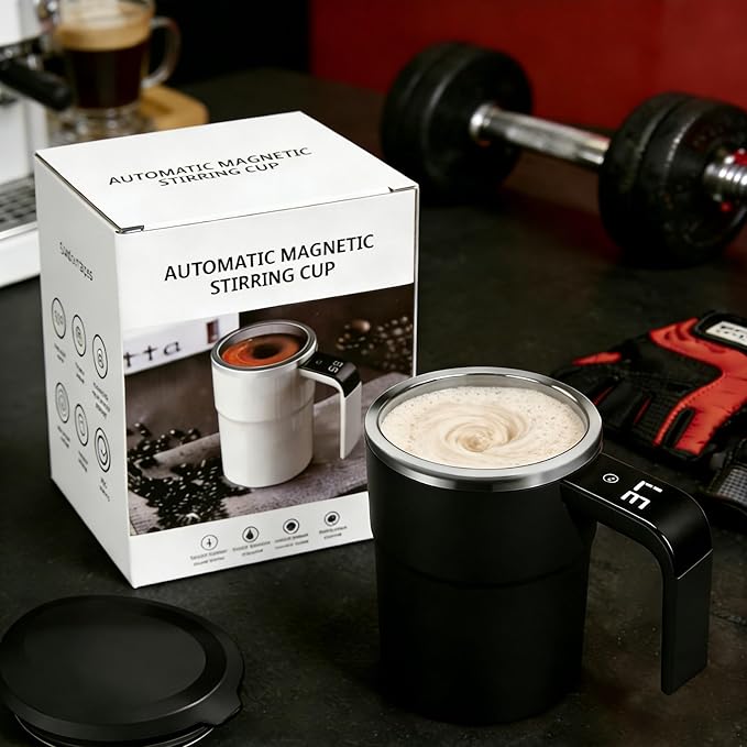 Electric Coffee Mug with a Built-in LCD Thermometer, Perfect for Protein Powder, Brewing Coffee, Milk, Cocoa, Etc, Self Stirring Coffee Mug (Black)