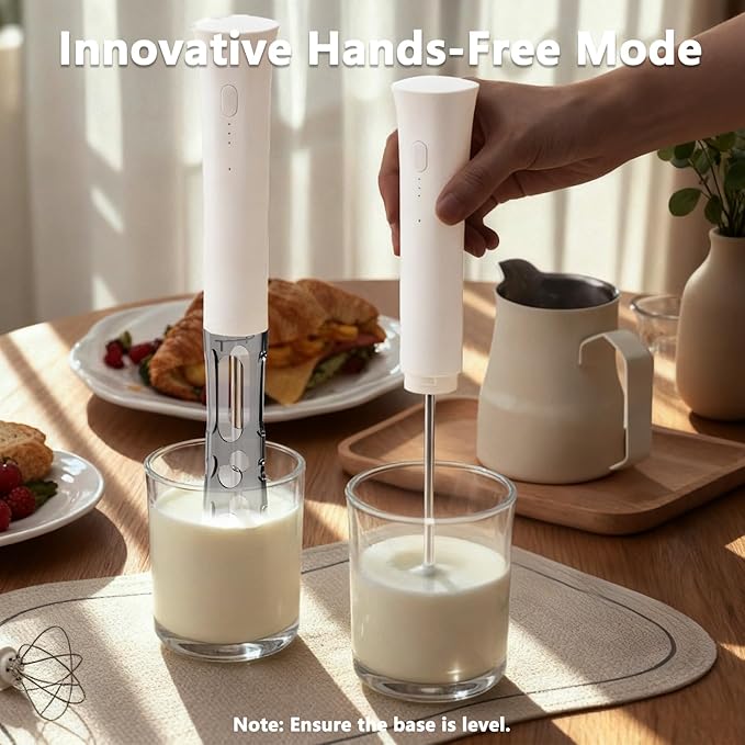 Milk Frother Wand Handheld for Coffee, 2000Mah Rechargeable Drink Mixer With Stand Whisk Cold Electric Foam Maker, 3 Speed Adjustable, Hand Free for Latte, Cappuccino, Matcha, Hot Chocolate, Egg