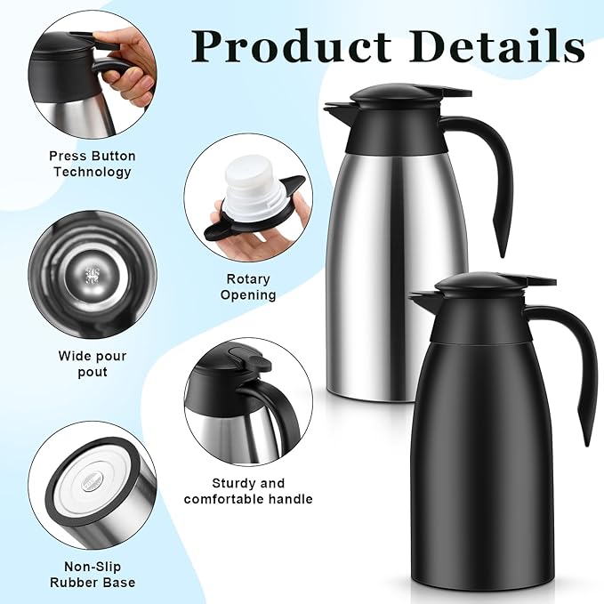 2 Pcs 51 oz Thermal Coffee Carafe for Keeping Hot Insulated Stainless Steel Vacuum Thermal Pot Flask Double Walled Vacuum Coffee Carafe for Beverage Water Tea, 12 Hot 24 Hours Cold(Silver, Black)