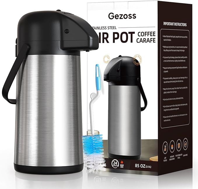 Coffee Carafe for Keeping Hot - Gezoss 85OZ / 2.5L Airpot Coffee Dispenser with Pump - Large Coffee Thermos for Hot Drinks Tea Liquid - Insulated Stainless Steel Hot Water Beverage Urn for Parties