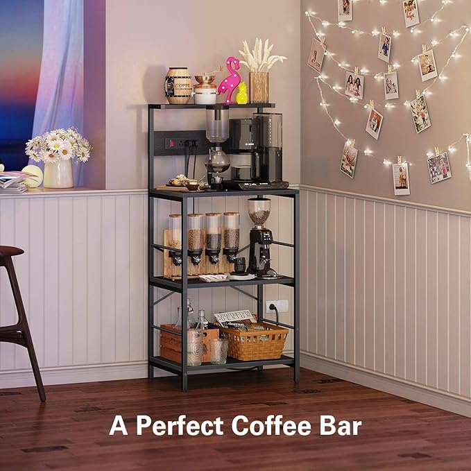 Bakers Rack with 3 Power Outlets, 4-Tier Kitchen Microwave Stand with Storage, Freestanding Kitchen Shelf Stand 23.6”L x 15.7”W x 51.2”H, Coffee Bar Table, Black