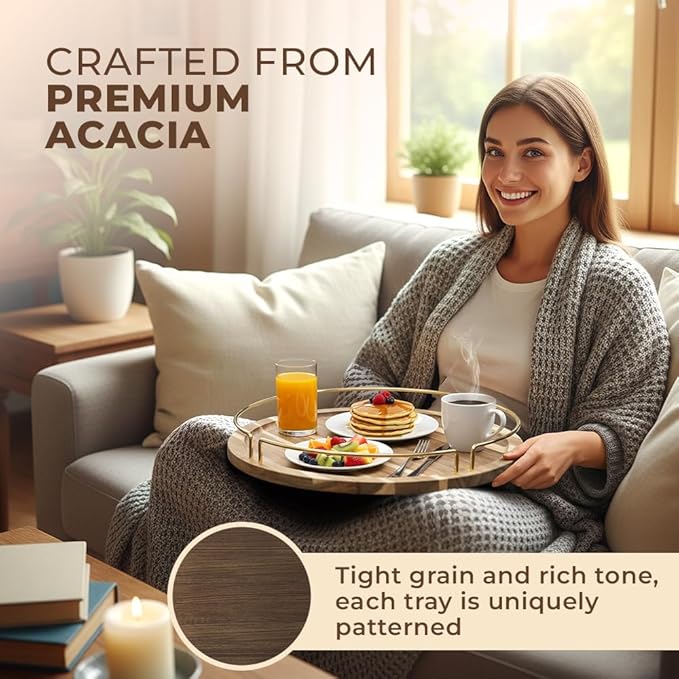 Round Serving Tray - Acacia | Serving Platter Snack Tray for Party Hosting - Trays for Serving Food, Charcuterie, Fruit Platter Tray for Parties, Appetizer Dishes & Dessert Trays