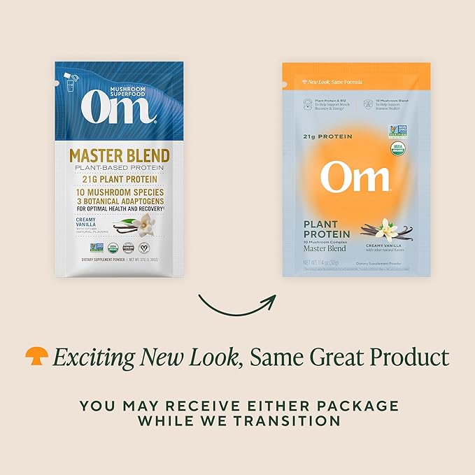OM MUSHROOM SUPERFOOD Master Blend Vegan Protein – Organic Vanilla Plant Protein with 10 Mushrooms, Ashwagandha, BCAAs & B12 – Energy, Recovery & Immune Support – 10 Single Serves