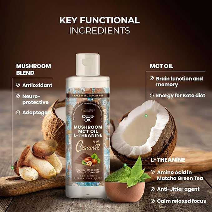 Mushroom Coffee Creamer with MCT Oil by Owl & Ox | L Theanine, Nootropic Superfood Blend, Vegan, Sugar Free, Dairy Free, Adaptogens, Plant Based & Keto Friendly, Hazelnut Chocolate Flavor, 30 Servings