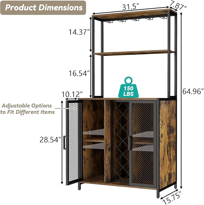 Loomie Wine Bar Cabinet with LED Lights, 5-Tier Industrial Coffee Bar, Buffet Sideboard with Adjustable Shelves, Kitchen Bar Table with Wine Rack Storage and Glass Slots for Liquor and Glasses,Rustic