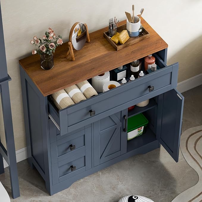 Vabches Farmhouse Storage Cabinet with 2 Doors and 4 Drawers, Freestanding Bathroom Storage Cabinet Kitchen Pantry, Floor Hutch Cupboard for Living Room/Bathroom/Kitchen,Blue