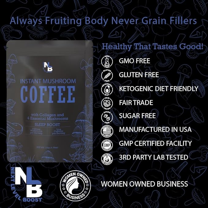 Sleep Boost Organic mushroom Instant Coffee - 10 x 9g Packets - Healthy Coffee alternative and Substitute - With Collagen, Lions Mane and Antioxidant