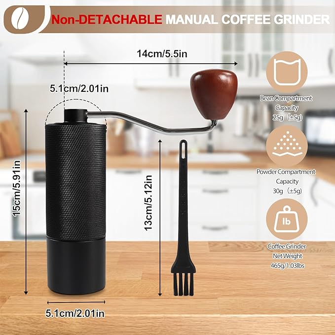 Non-Detachable Manual Coffee Grinder with 25 Level Stainless Steel Conical Burr Portable Aluminum Coffee Bean Grinder Suitable for Moka Pot Espresso French Press Pour Over Easy Cleaning with Brush