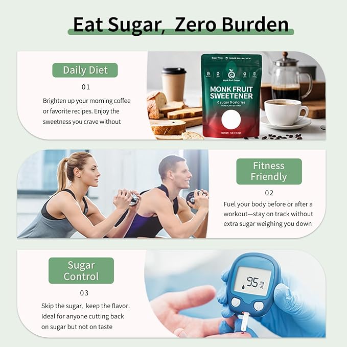 Monk Fruit Sweetener with Erythritol & Steviol Glycosides - 0 Calorie, 0 Net Carb, 0 Glycemic Sugar Substitute - Keto Approved, Plant-Based Natural Sweetener for Baking, Coffee & Cooking (1LB)