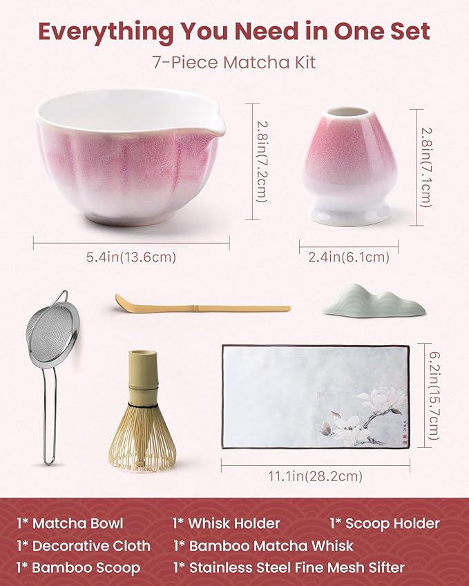 Handcrafted Matcha Kit, 7-Piece Green Tea Set, Includes Ceramic Bowl, Bamboo Whisk, Stainless Steel Sifter, Bamboo Scoop, Whisk Holder & Cotton Towel, Perfect for Tea Ceremony, Pink Big Flower